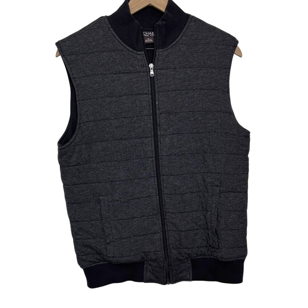 Michael Kors Men's Dark Gray Herringbone Quilted Zip‎ Vest Size M